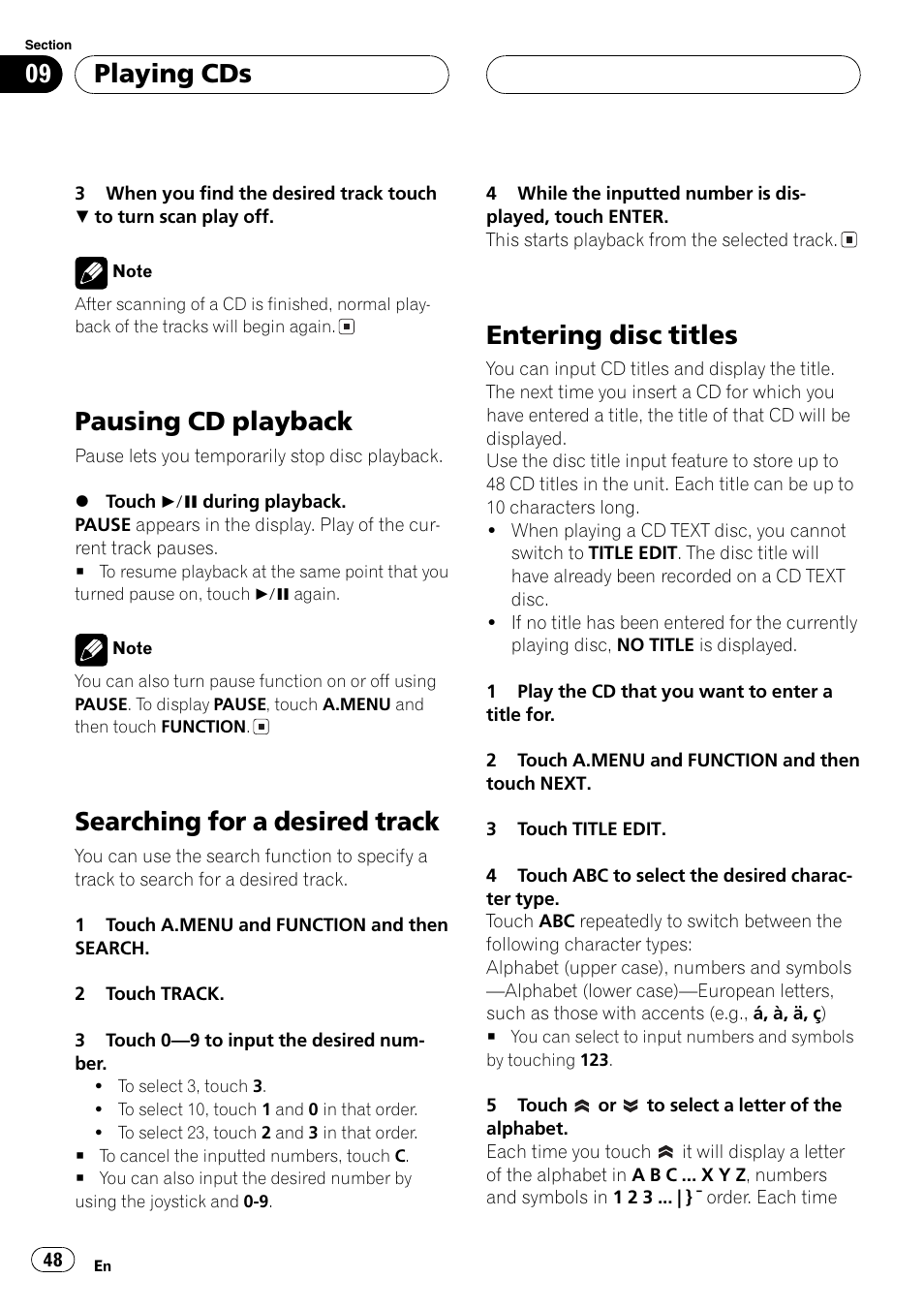 Pausing cd playback, Searching for a desired track, Entering disc titles | Playing cds | Pioneer AVH-P6600DVD User Manual | Page 48 / 120