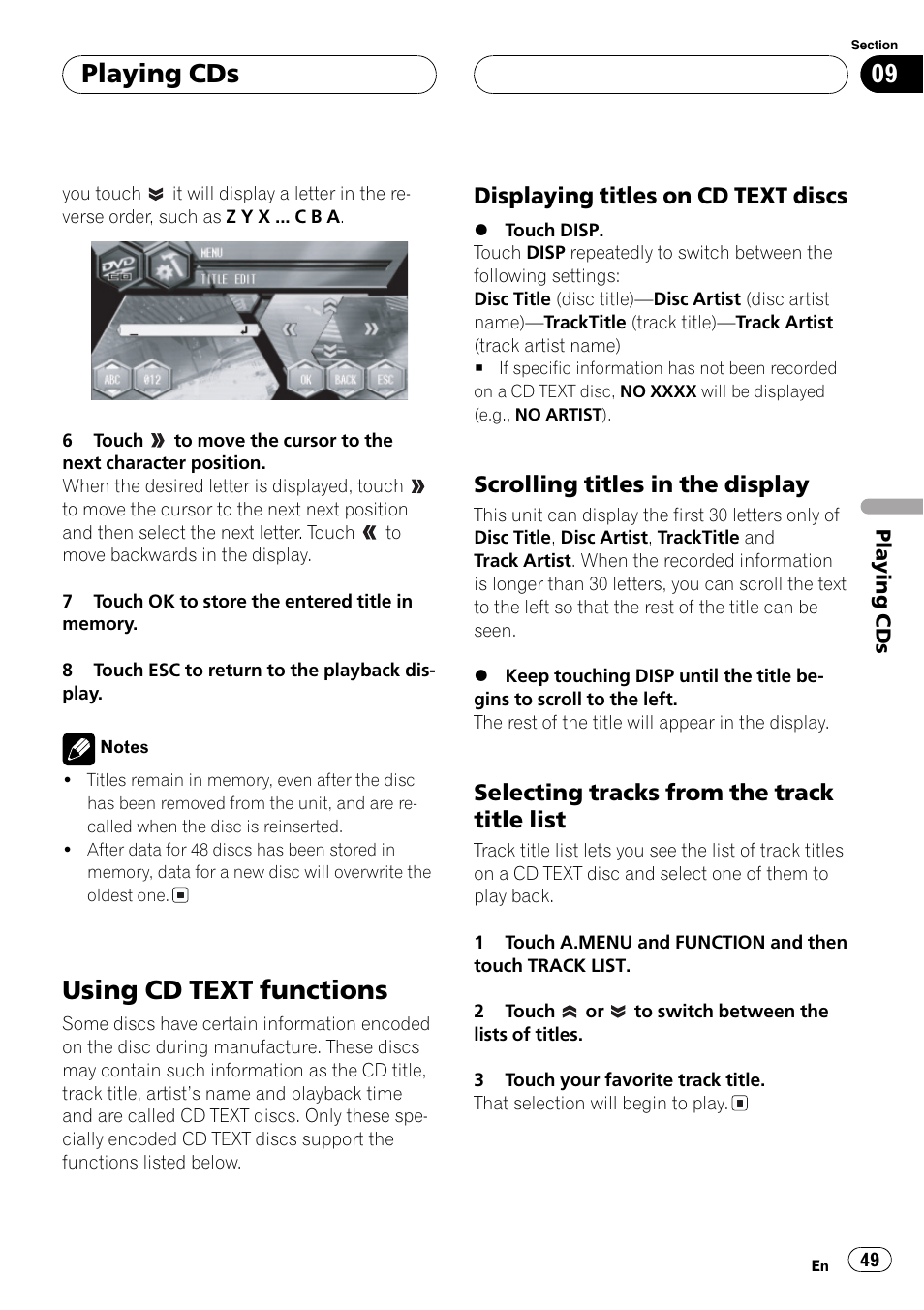 Using cd text functions 49, Using cd text functions, Playing cds | Displaying titles on cd text discs, Scrolling titles in the display, Selecting tracks from the track title list | Pioneer AVH-P6600DVD User Manual | Page 49 / 120