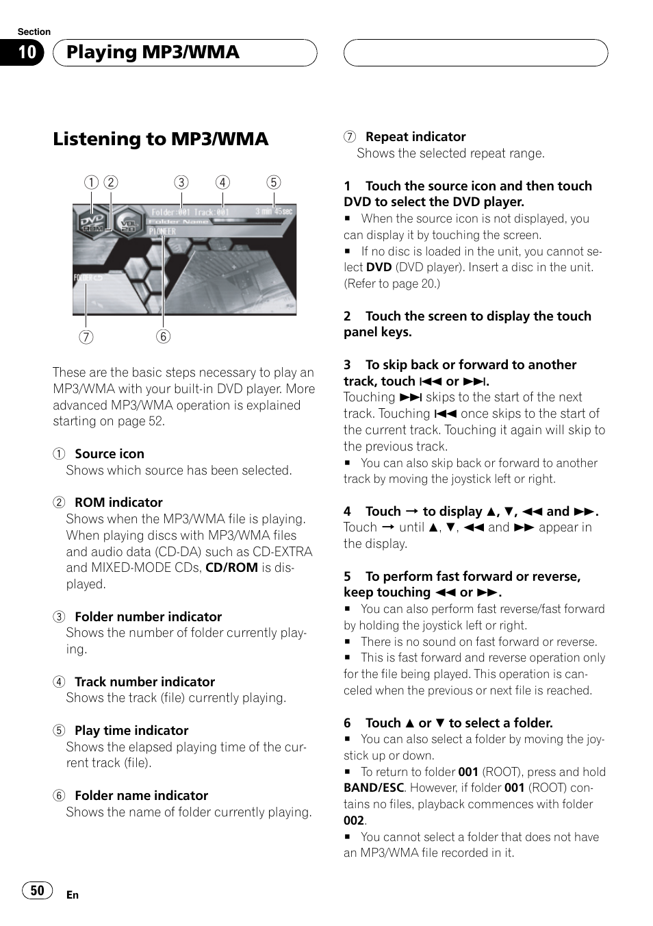 Playing mp3/wma listening to mp3/wma 50, Listening to mp3/wma, Playing mp3/wma | Pioneer AVH-P6600DVD User Manual | Page 50 / 120