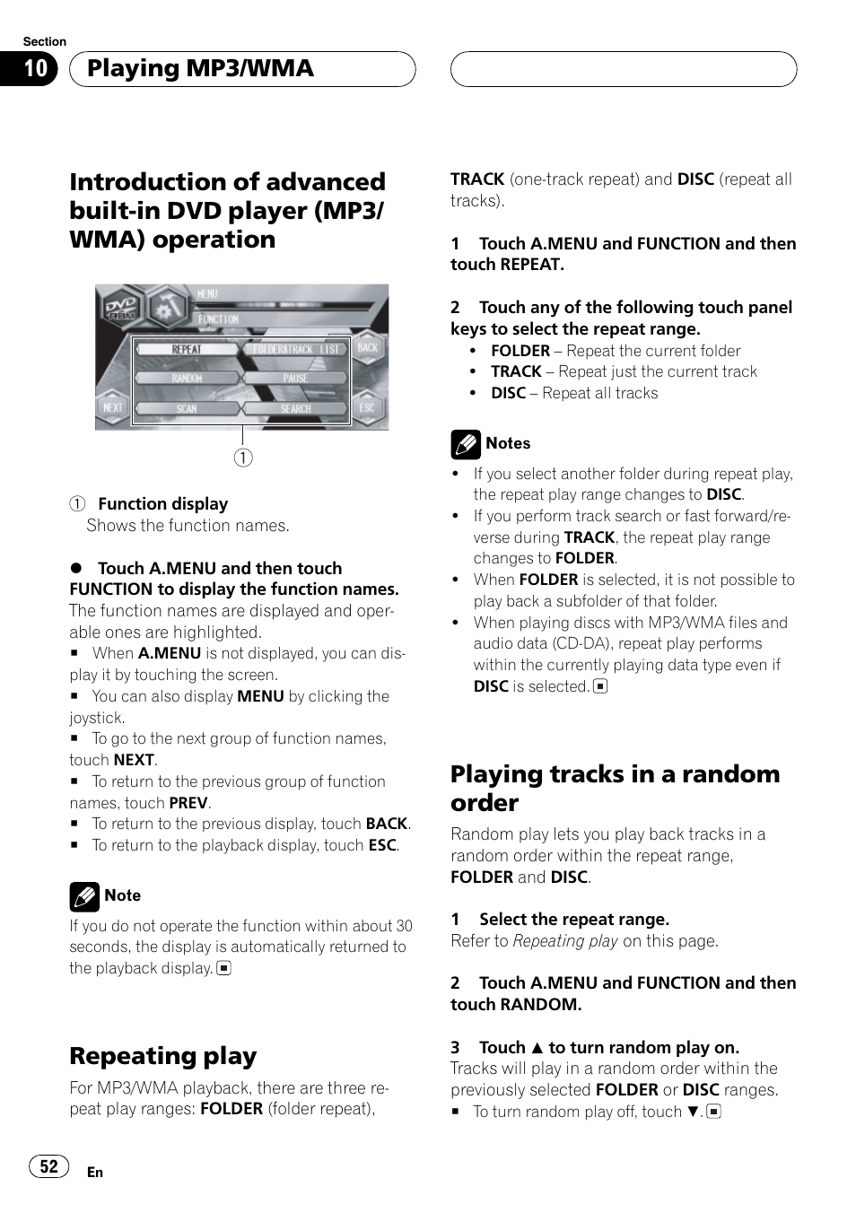 Introduction of advanced built-in dvd player, Mp3/wma) operation 52, Repeating play 52 | Playing tracks in a random order 52, Repeating play, Playing tracks in a random order, Playing mp3/wma | Pioneer AVH-P6600DVD User Manual | Page 52 / 120