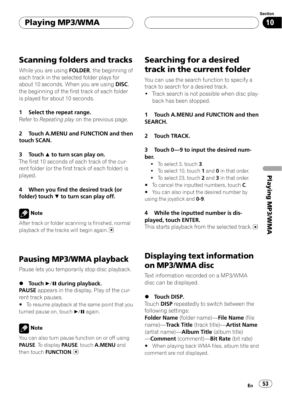 Folder 53, Displaying text information on mp3/wma, Disc 53 | Scanning folders and tracks, Pausing mp3/wma playback, Displaying text information on mp3/wma disc, Playing mp3/wma | Pioneer AVH-P6600DVD User Manual | Page 53 / 120