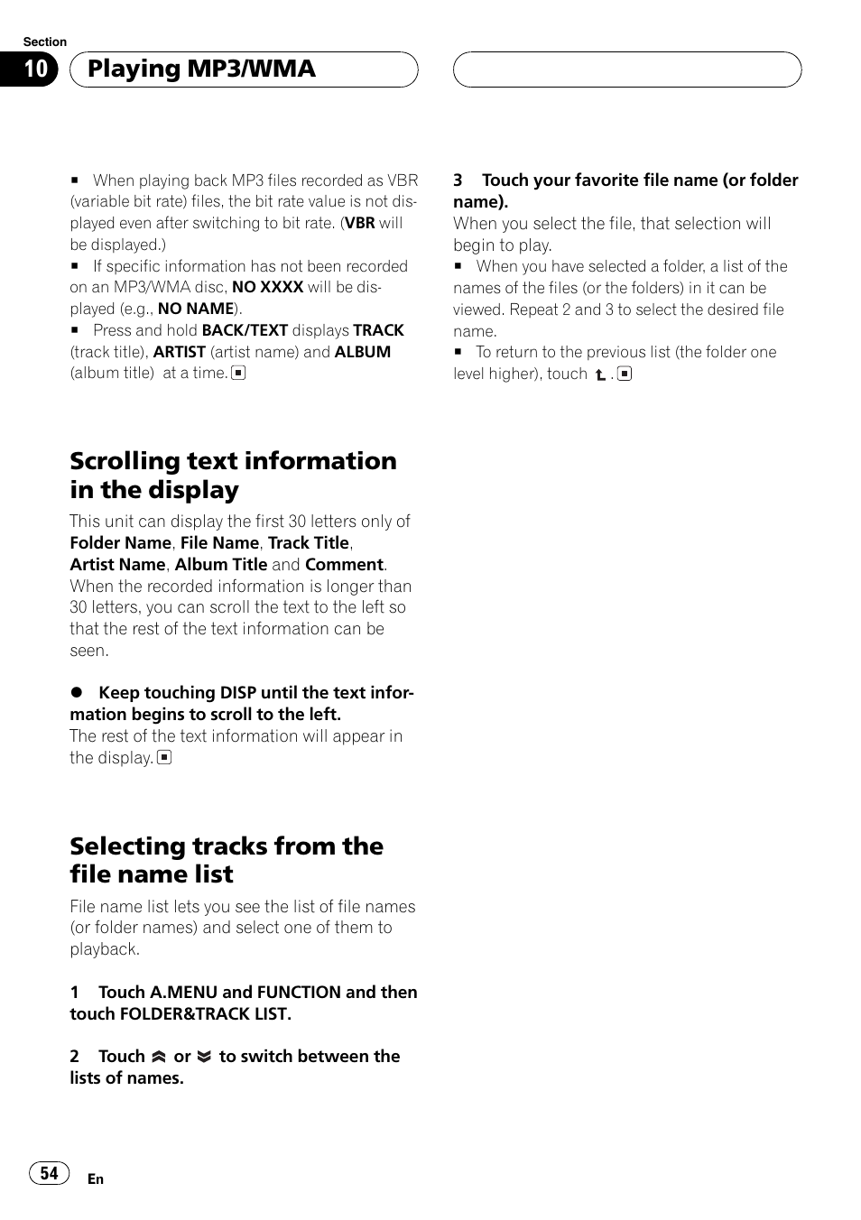 Scrolling text information in the display, Selecting tracks from the file name list, Playing mp3/wma | Pioneer AVH-P6600DVD User Manual | Page 54 / 120
