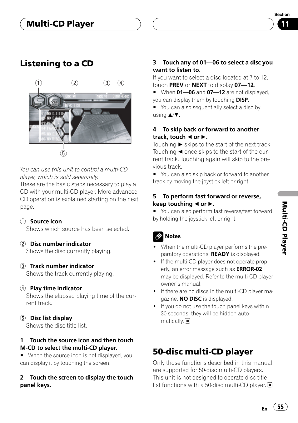 Listening to a cd, Disc multi-cd player, Multi-cd player | Pioneer AVH-P6600DVD User Manual | Page 55 / 120