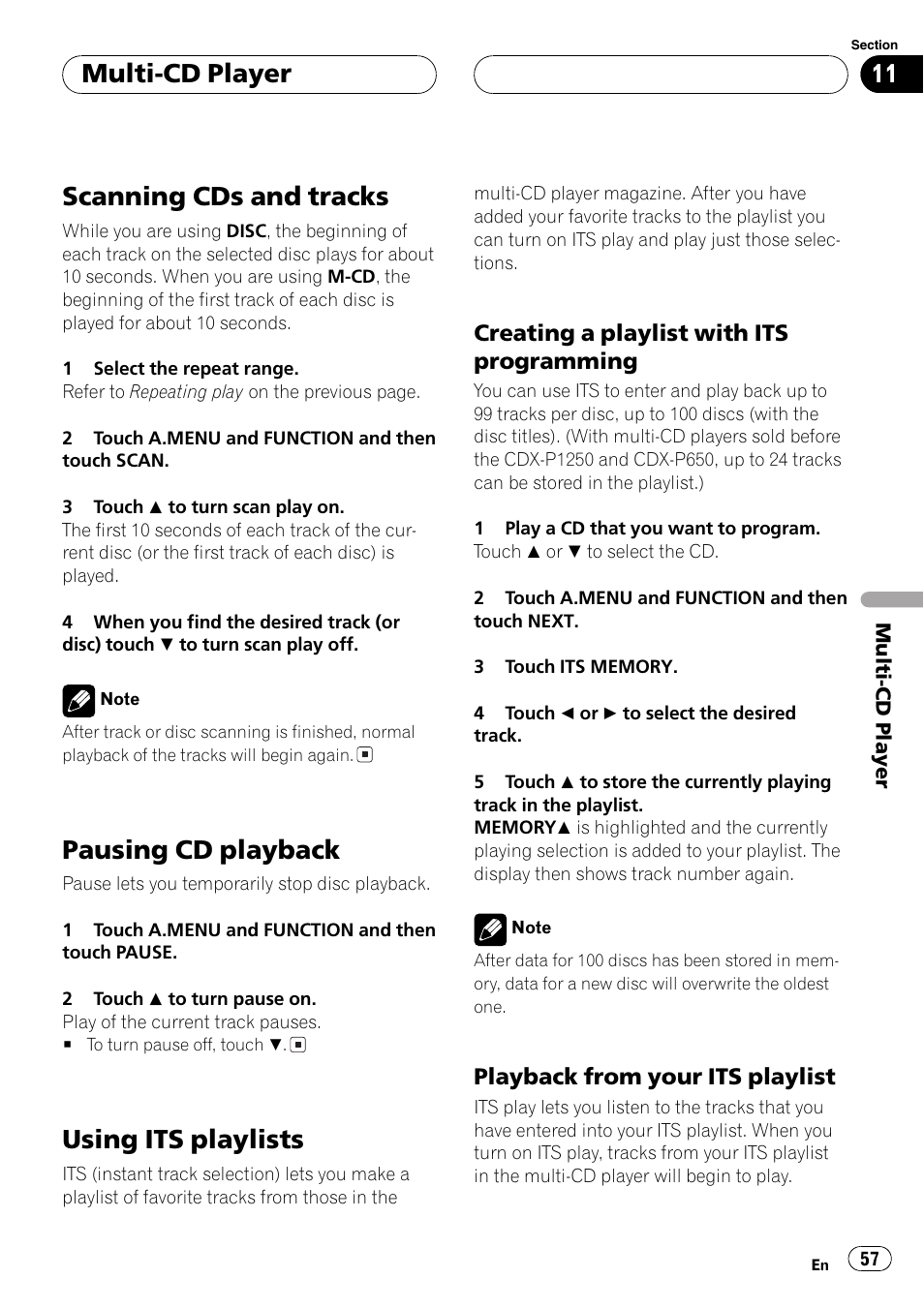 Scanning cds and tracks, Pausing cd playback, Using its playlists | Multi-cd player | Pioneer AVH-P6600DVD User Manual | Page 57 / 120