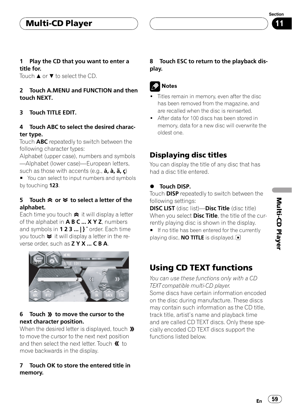 Using cd text functions 59, Using cd text functions, Multi-cd player | Displaying disc titles | Pioneer AVH-P6600DVD User Manual | Page 59 / 120