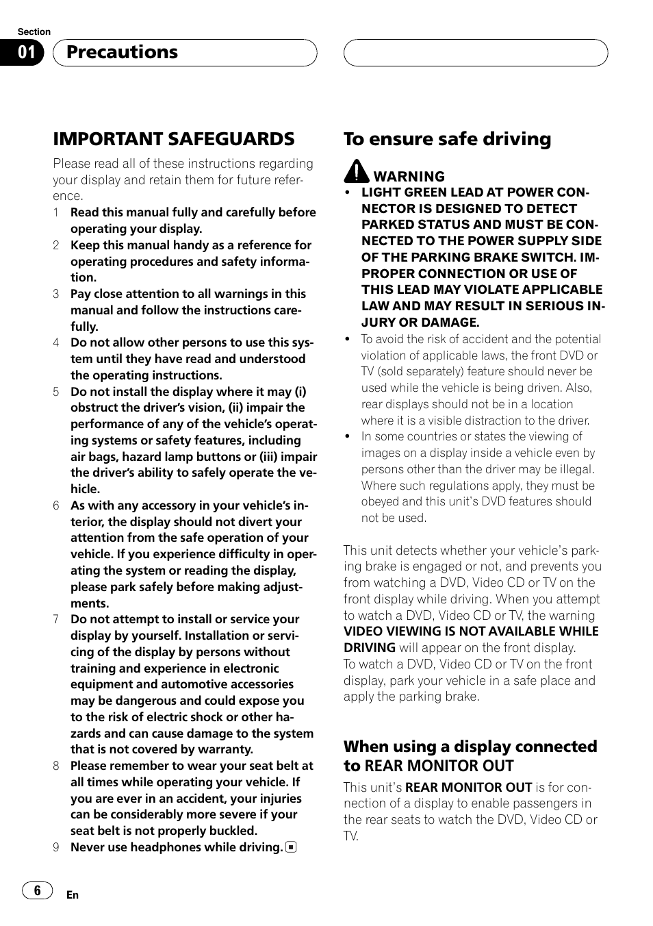 Important safeguards, Precautions, When using a display connected to rear monitor out | Pioneer AVH-P6600DVD User Manual | Page 6 / 120