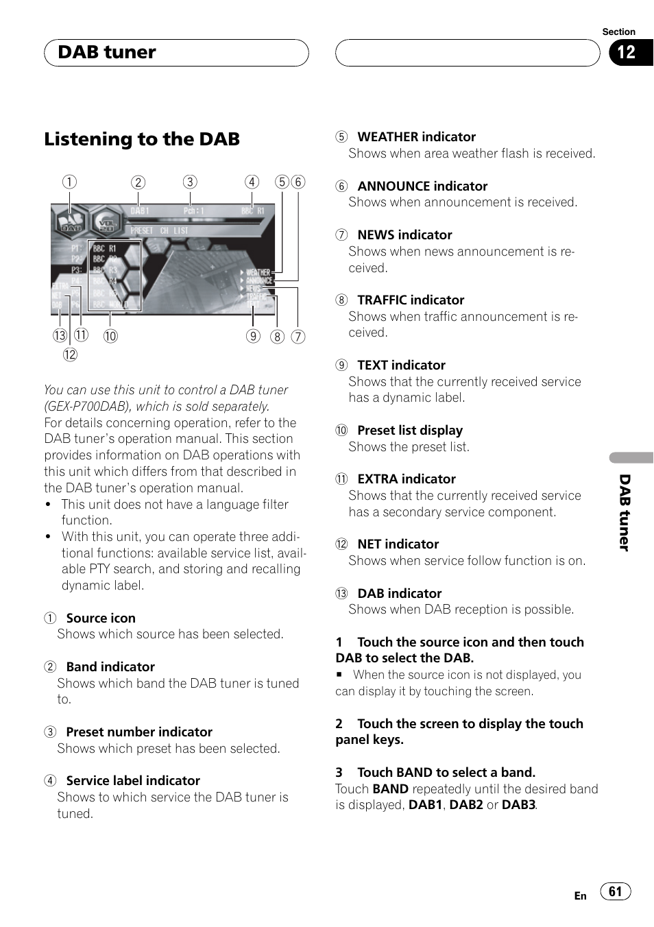 Dab tuner listening to the dab 61, Listening to the dab, Dab tuner | Pioneer AVH-P6600DVD User Manual | Page 61 / 120