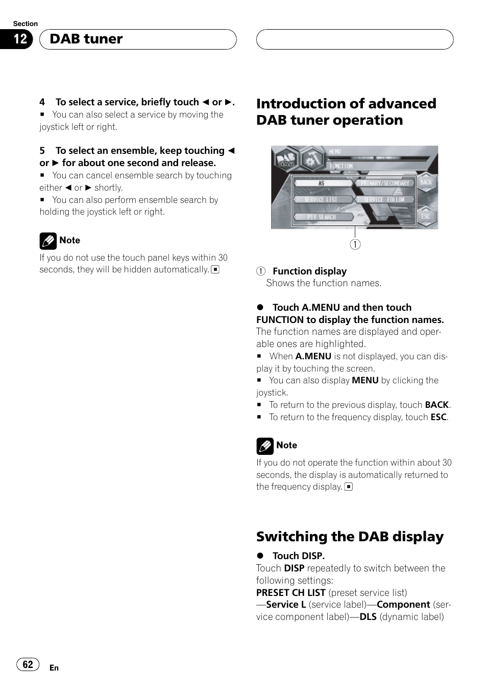 Introduction of advanced dab tuner, Operation 62, Switching the dab display 62 | Introduction of advanced dab tuner operation, Switching the dab display, Dab tuner | Pioneer AVH-P6600DVD User Manual | Page 62 / 120