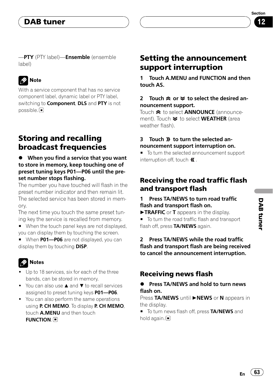 Storing and recalling broadcast, Frequencies 63, Setting the announcement support | Interruption 63, Storing and recalling broadcast frequencies, Setting the announcement support interruption, Dab tuner | Pioneer AVH-P6600DVD User Manual | Page 63 / 120