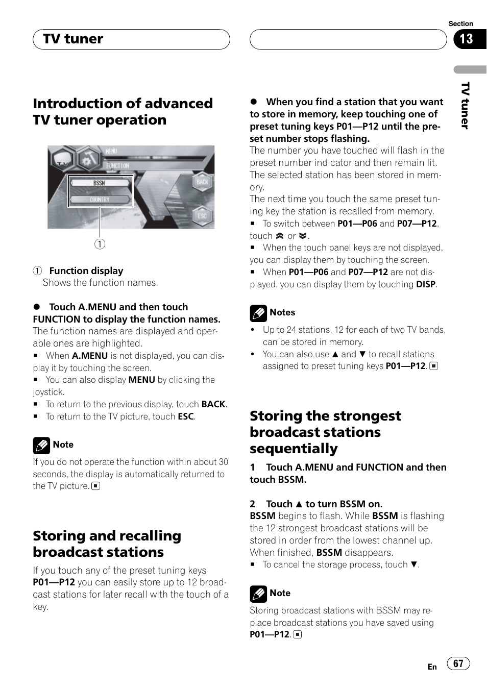 Introduction of advanced tv tuner, Operation 67, Sequentially 67 | Introduction of advanced tv tuner operation, Storing and recalling broadcast stations, Tv tuner | Pioneer AVH-P6600DVD User Manual | Page 67 / 120