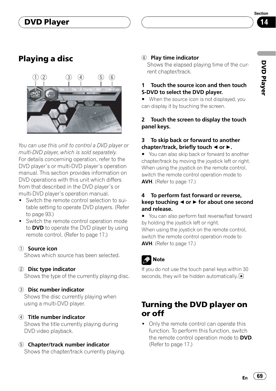 Playing a disc, Turning the dvd player on or off, Dvd player | Pioneer AVH-P6600DVD User Manual | Page 69 / 120