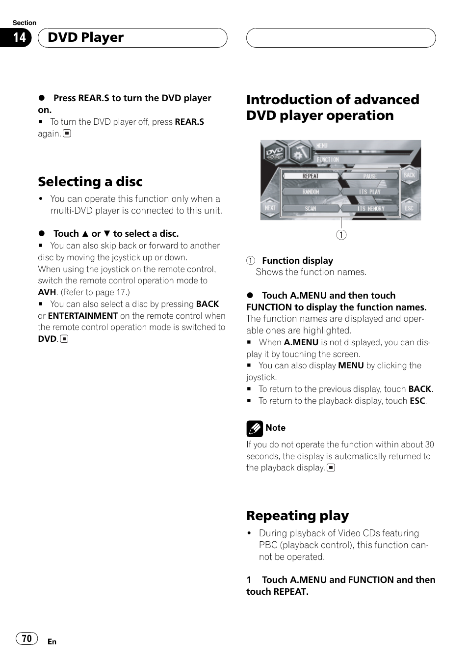 Operation 70, Repeating play 70, Selecting a disc | Introduction of advanced dvd player operation, Repeating play, Dvd player | Pioneer AVH-P6600DVD User Manual | Page 70 / 120