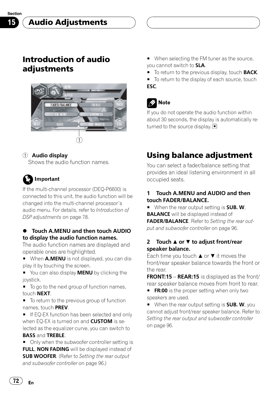 Introduction of audio adjustments, Using balance adjustment, Audio adjustments | Pioneer AVH-P6600DVD User Manual | Page 72 / 120