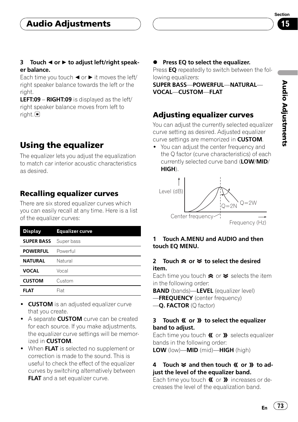 Using the equalizer 73, Using the equalizer, Audio adjustments | Recalling equalizer curves, Adjusting equalizer curves | Pioneer AVH-P6600DVD User Manual | Page 73 / 120