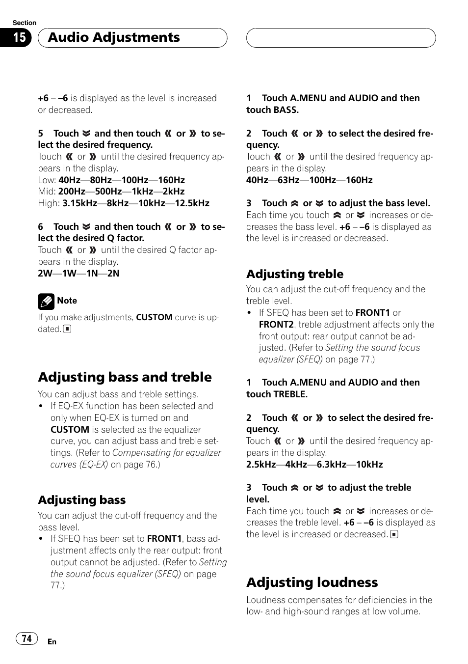 Adjusting bass and treble 74 adjusting loudness 74, Adjusting bass and treble, Adjusting loudness | Audio adjustments, Adjusting bass, Adjusting treble | Pioneer AVH-P6600DVD User Manual | Page 74 / 120