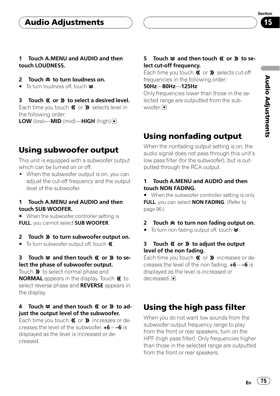 Using subwoofer output, Using nonfading output, Using the high pass filter | Audio adjustments | Pioneer AVH-P6600DVD User Manual | Page 75 / 120