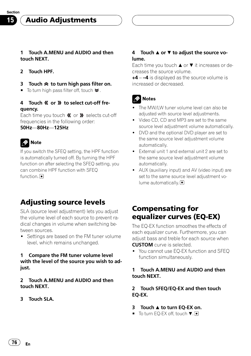 Ex) 76, Compensating for equalizer, Adjusting source levels | Compensating for equalizer curves (eq-ex), Audio adjustments | Pioneer AVH-P6600DVD User Manual | Page 76 / 120