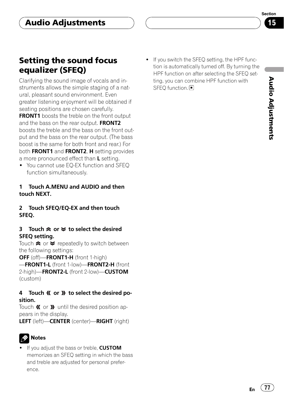 Setting the sound focus equalizer, Sfeq) 77, Setting | Setting the sound focus, Setting the sound focus equalizer (sfeq), Audio adjustments | Pioneer AVH-P6600DVD User Manual | Page 77 / 120