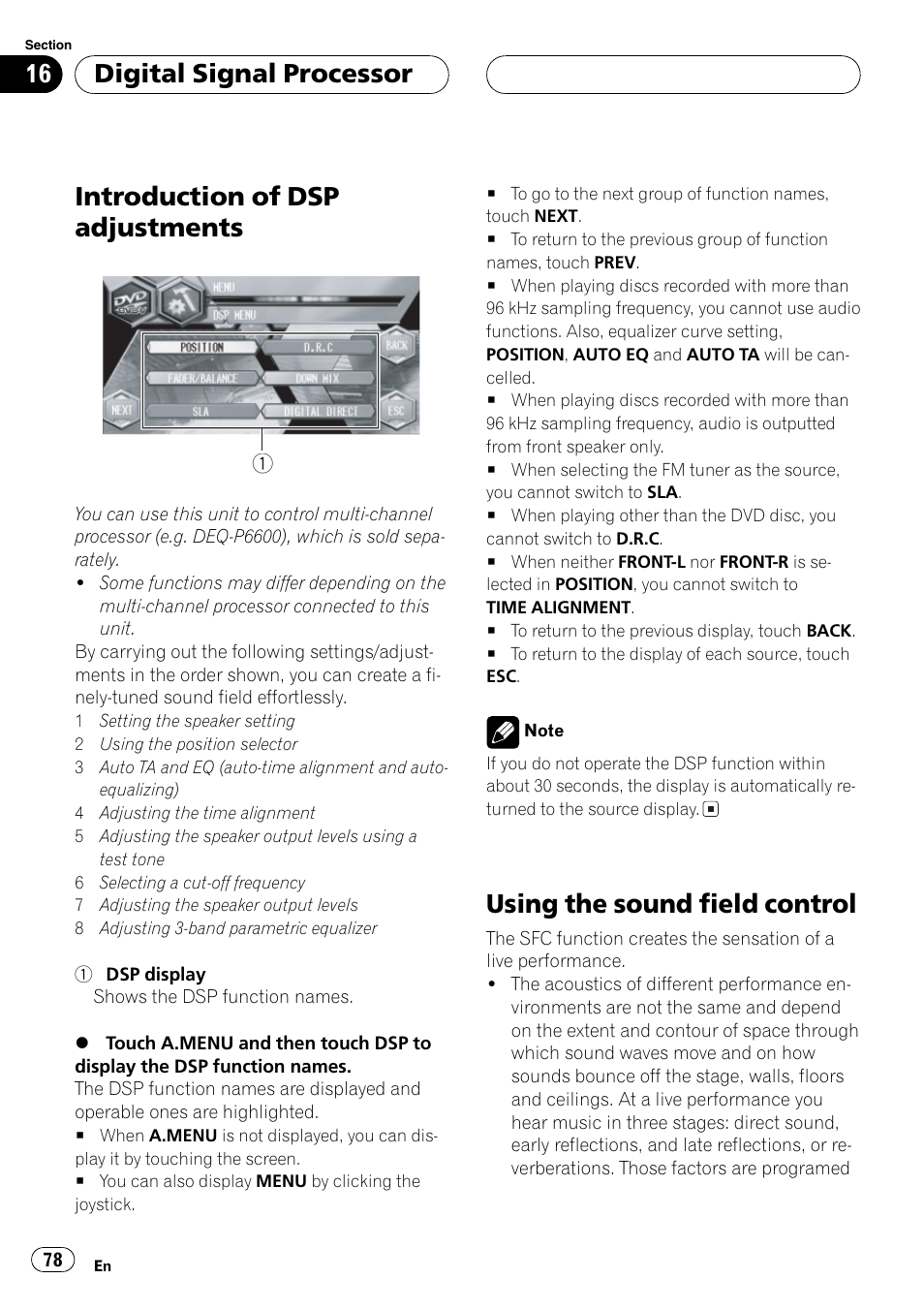 Introduction of dsp adjustments, Using the sound field control, Digitalsignalprocessor | Pioneer AVH-P6600DVD User Manual | Page 78 / 120