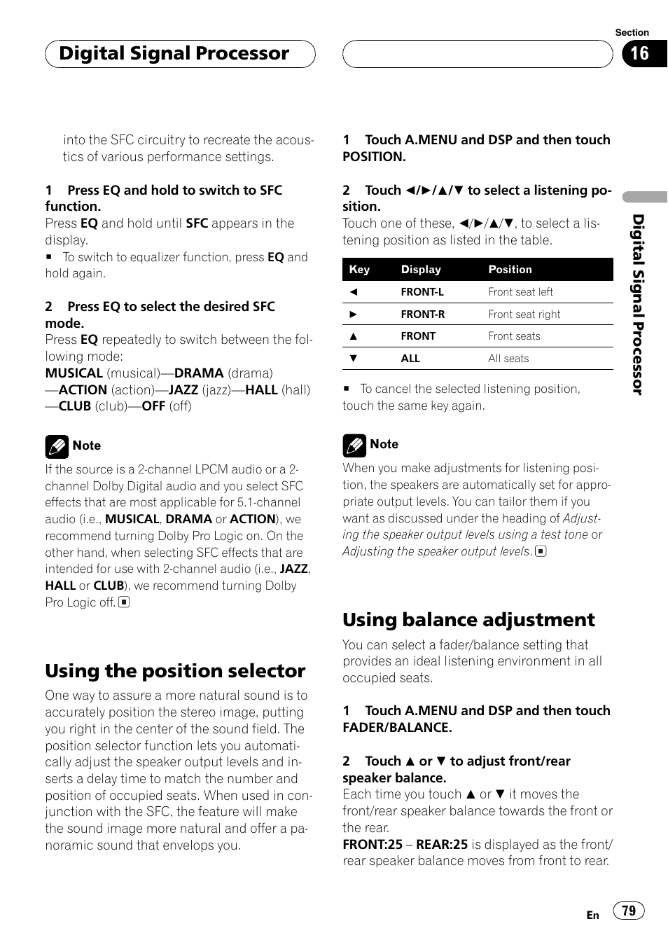 Using the position selector, Using balance adjustment, Digitalsignalprocessor | Pioneer AVH-P6600DVD User Manual | Page 79 / 120