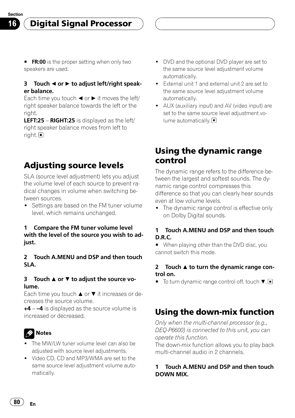 Adjusting source levels, Using the dynamic range control, Using the down-mix function | Digitalsignalprocessor | Pioneer AVH-P6600DVD User Manual | Page 80 / 120