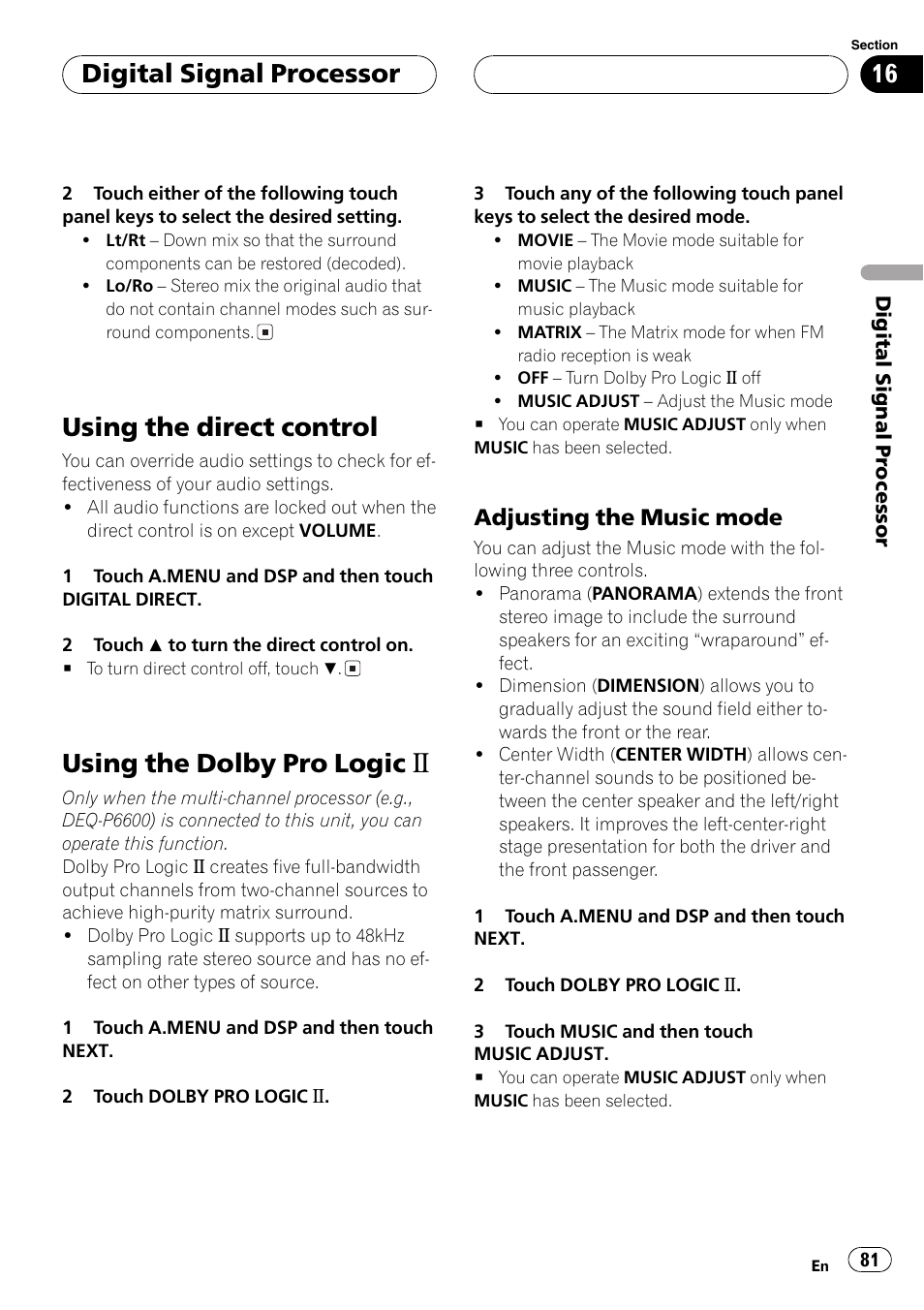 Using the direct control, Using the dolby pro logic b, Digitalsignalprocessor | Adjusting the music mode | Pioneer AVH-P6600DVD User Manual | Page 81 / 120