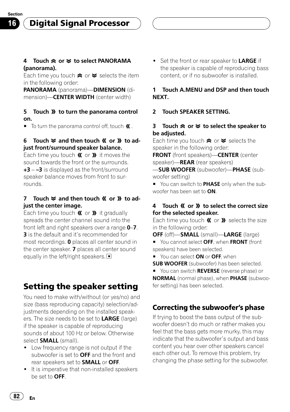 Setting the speaker setting 82, Setting the speaker setting, Digitalsignalprocessor | Correcting the subwoofers phase | Pioneer AVH-P6600DVD User Manual | Page 82 / 120