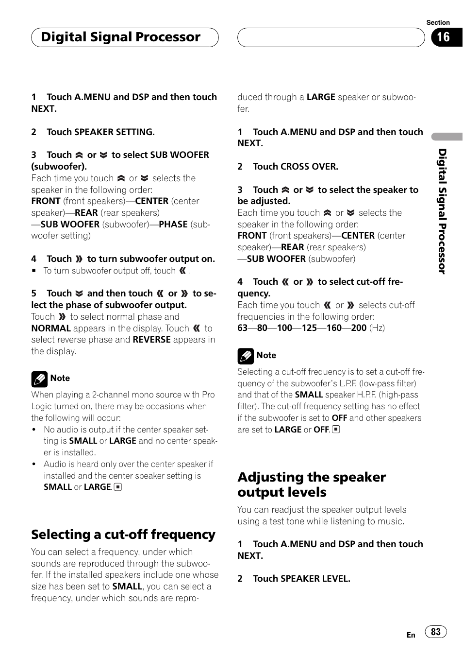 Selecting a cut-off frequency, Adjusting the speaker output levels, Digitalsignalprocessor | Pioneer AVH-P6600DVD User Manual | Page 83 / 120