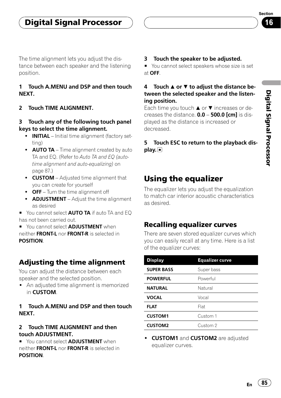 Using the equalizer 85, Adjusting the time alignment, Using the equalizer | Digitalsignalprocessor, Recalling equalizer curves | Pioneer AVH-P6600DVD User Manual | Page 85 / 120