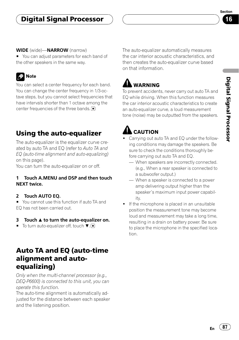 Auto-equalizing) 87, Auto ta and eq (auto-time alignment and auto, Equalizing) | Using the auto-equalizer, Digitalsignalprocessor | Pioneer AVH-P6600DVD User Manual | Page 87 / 120