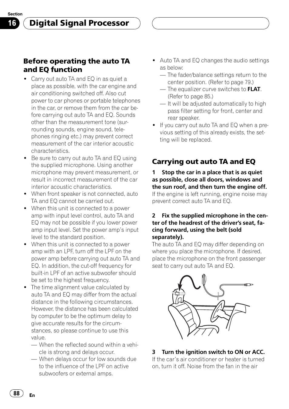 Digitalsignalprocessor, Before operating the auto ta and eq function, Carrying out auto ta and eq | Pioneer AVH-P6600DVD User Manual | Page 88 / 120