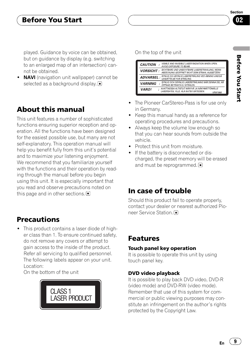 About this manual, Precautions, Features | Before you start, Class 1 laser product | Pioneer AVH-P6600DVD User Manual | Page 9 / 120