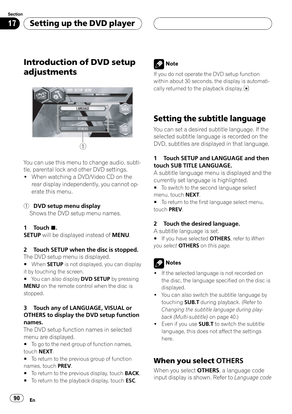 Introduction of dvd setup adjustments, Setting the subtitle language, Setting up the dvd player | When you select others | Pioneer AVH-P6600DVD User Manual | Page 90 / 120