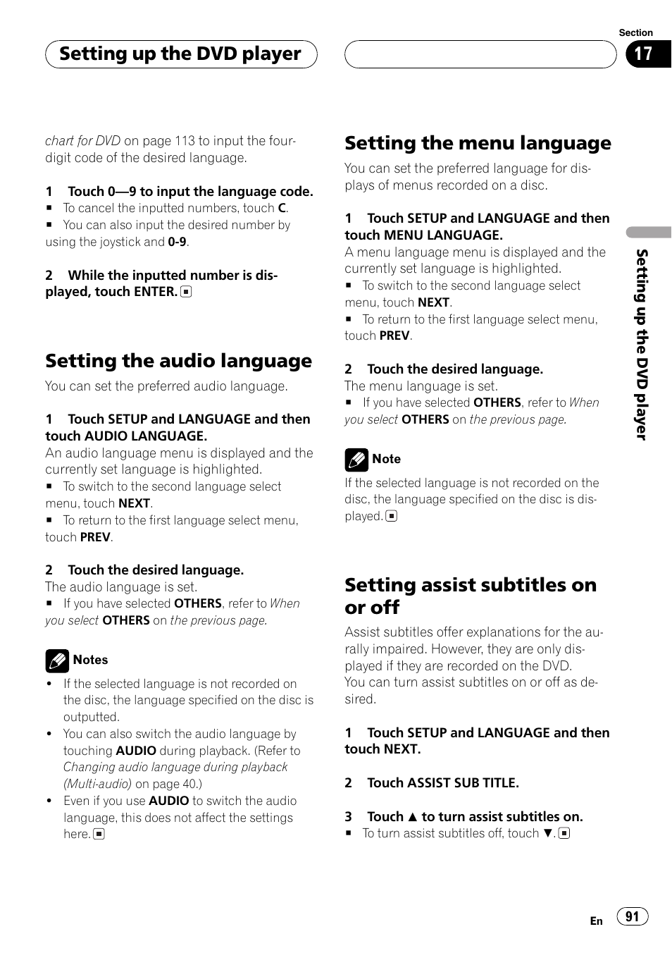 Setting the audio language, Setting the menu language, Setting assist subtitles on or off | Setting up the dvd player | Pioneer AVH-P6600DVD User Manual | Page 91 / 120