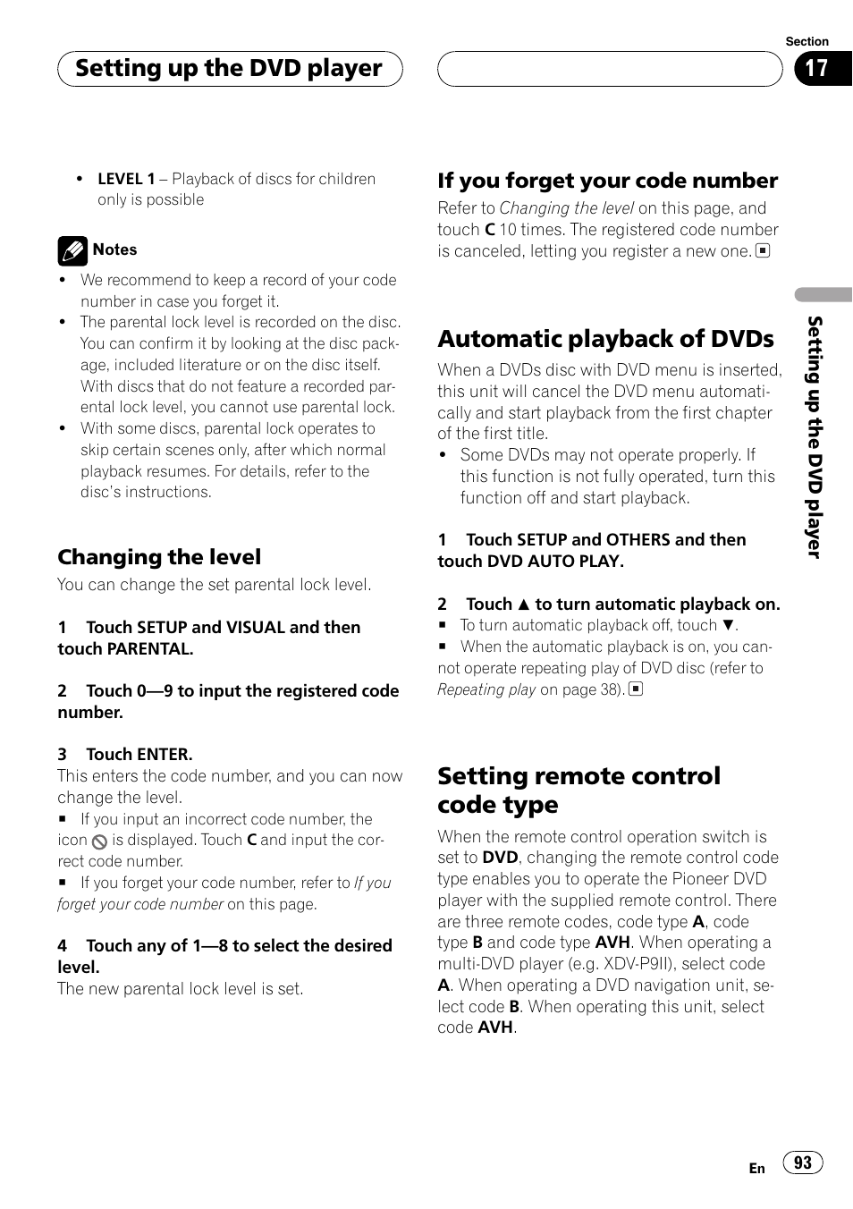 Setting remote, Automatic playback of dvds, Setting remote control code type | Setting up the dvd player, Changing the level, If you forget your code number | Pioneer AVH-P6600DVD User Manual | Page 93 / 120