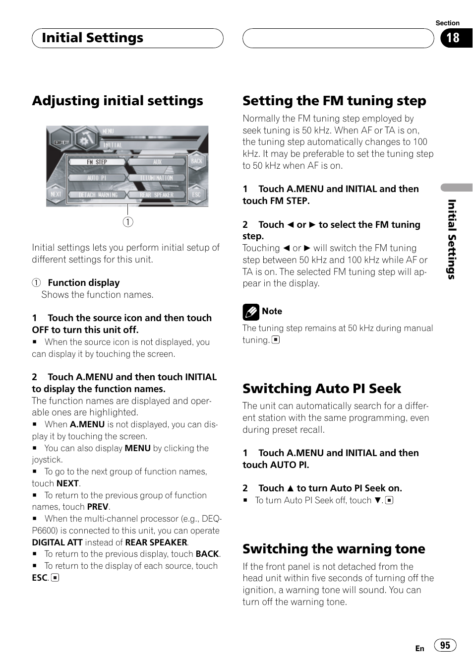 Adjusting initialsettings, Setting the fm tuning step, Switching auto pi seek | Switching the warning tone, Initialsettings | Pioneer AVH-P6600DVD User Manual | Page 95 / 120