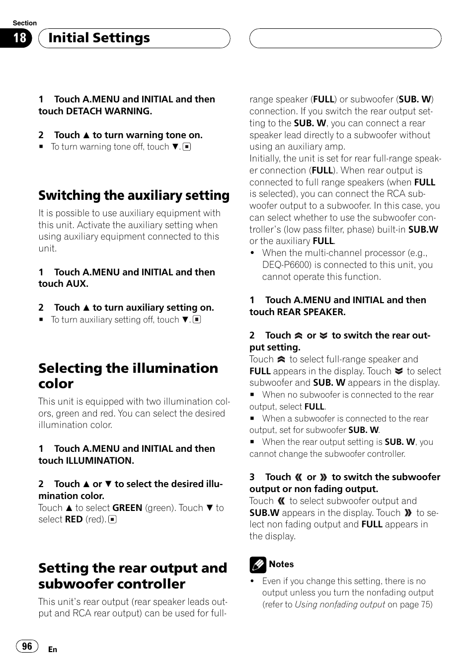 Switching the auxiliary setting 96, Controller 96, Switching the auxiliary setting | Selecting the illumination color, Setting the rear output and subwoofer controller, Initialsettings | Pioneer AVH-P6600DVD User Manual | Page 96 / 120