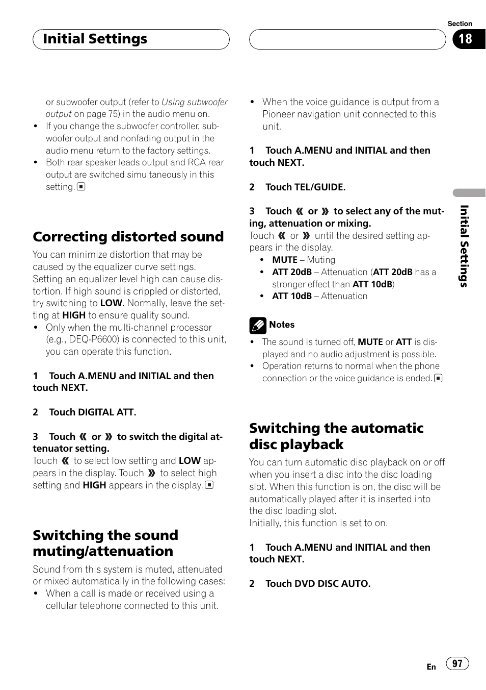 Switching, Correcting distorted sound, Switching the sound muting/attenuation | Switching the automatic disc playback, Initialsettings | Pioneer AVH-P6600DVD User Manual | Page 97 / 120