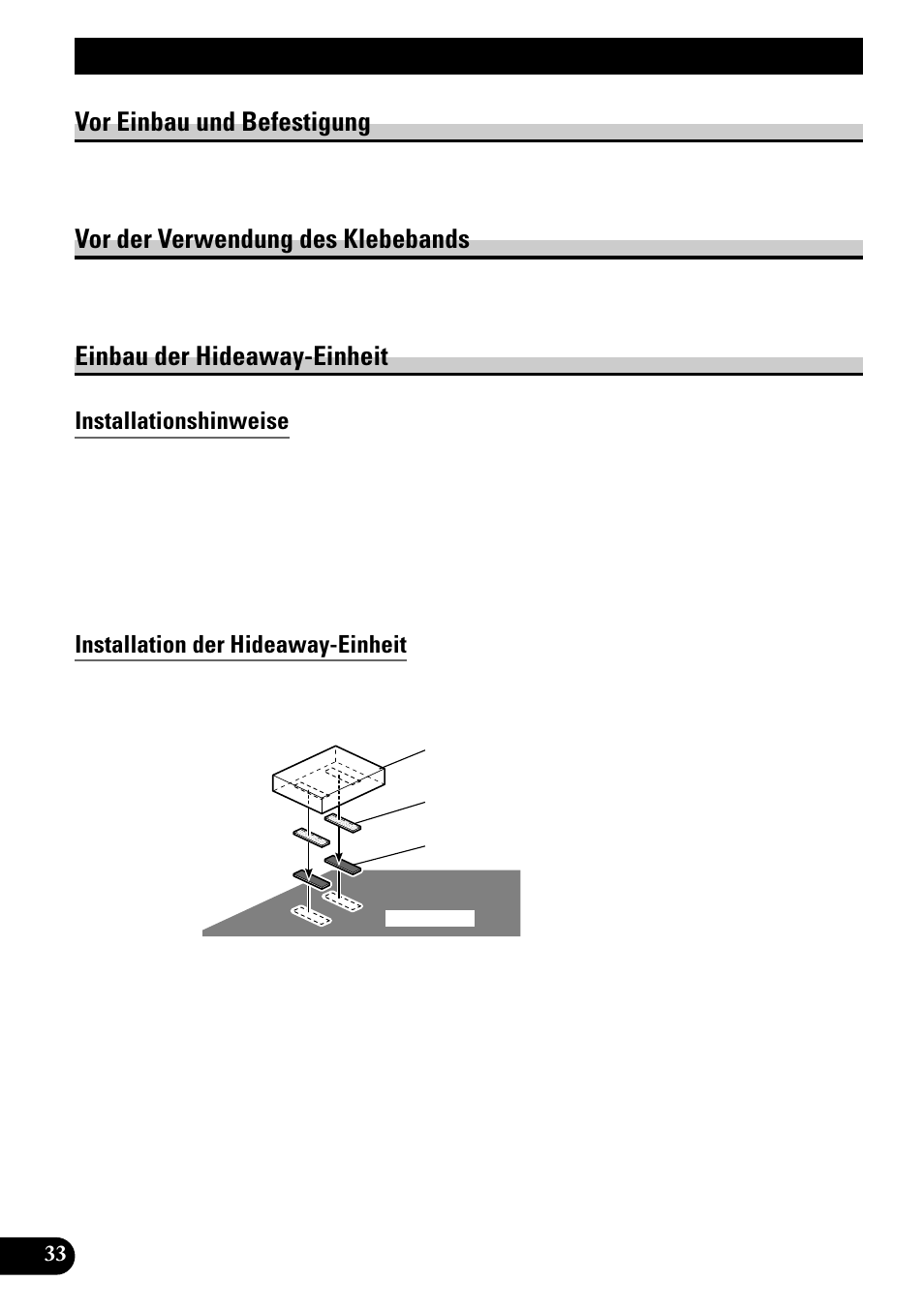 Installationshinweise, Installation der hideaway-einheit, Rückstelltaste | Betätigung der rückstelltaste, Technische daten, Einbau, Vor einbau und befestigung, Vor der verwendung des klebebands, Einbau der hideaway-einheit | Pioneer AVD-W8000 User Manual | Page 102 / 104