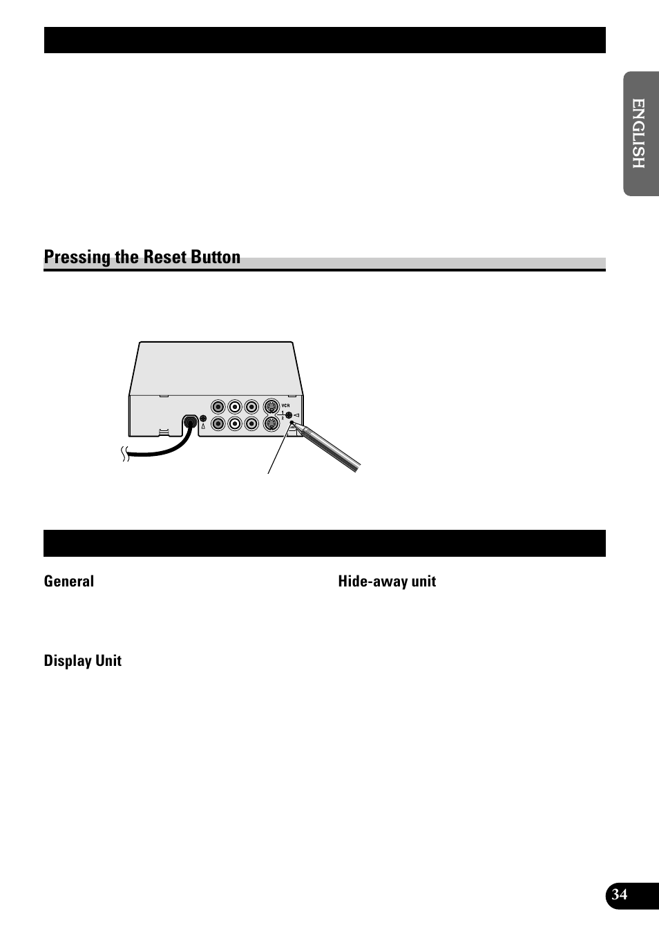 Reset button, Specifications, Pressing the reset button | Pioneer AVD-W8000 User Manual | Page 35 / 104