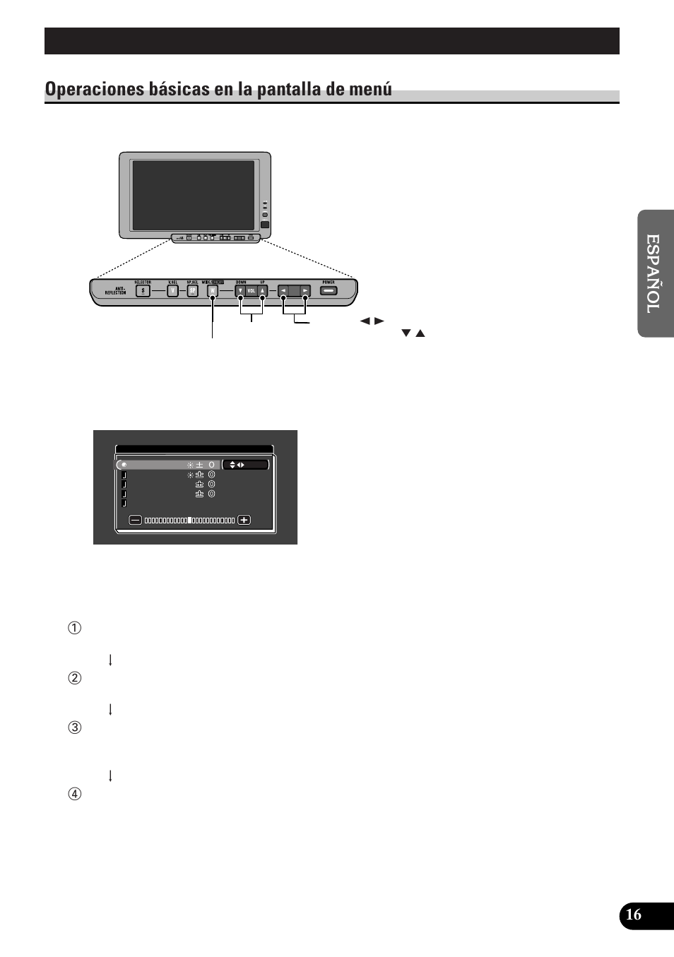 Ajuste de la pantalla, Operaciones básicas en la pantalla de menú | Pioneer AVD-W8000 User Manual | Page 51 / 104