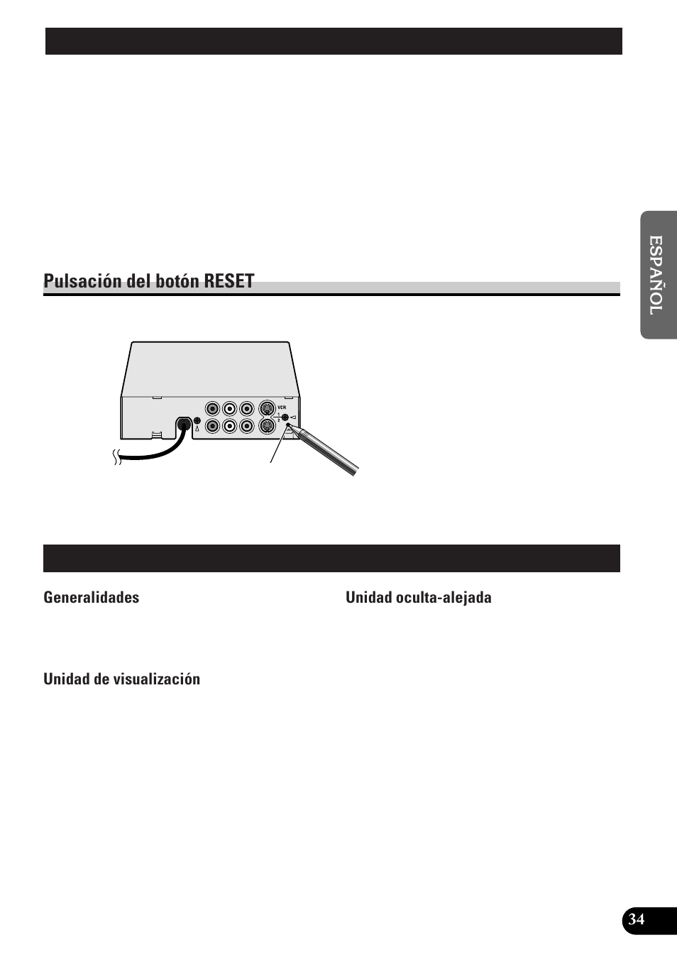 Botón reset, Especificaciones, Pulsación del botón reset | Pioneer AVD-W8000 User Manual | Page 69 / 104