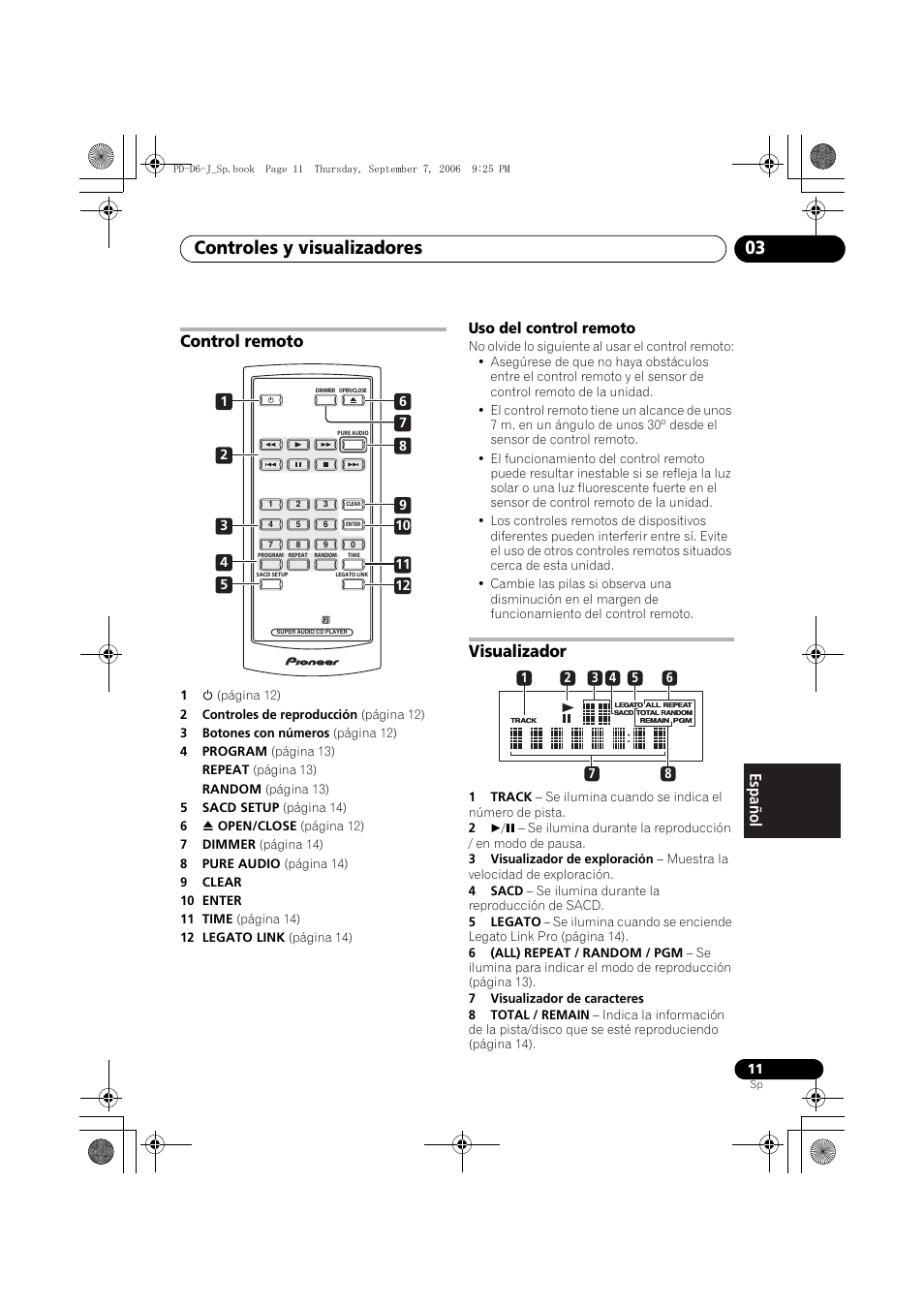 Control remoto, Visualizador, Controles y visualizadores 03 | Uso del control remoto | Pioneer PD-D6-J User Manual | Page 101 / 110