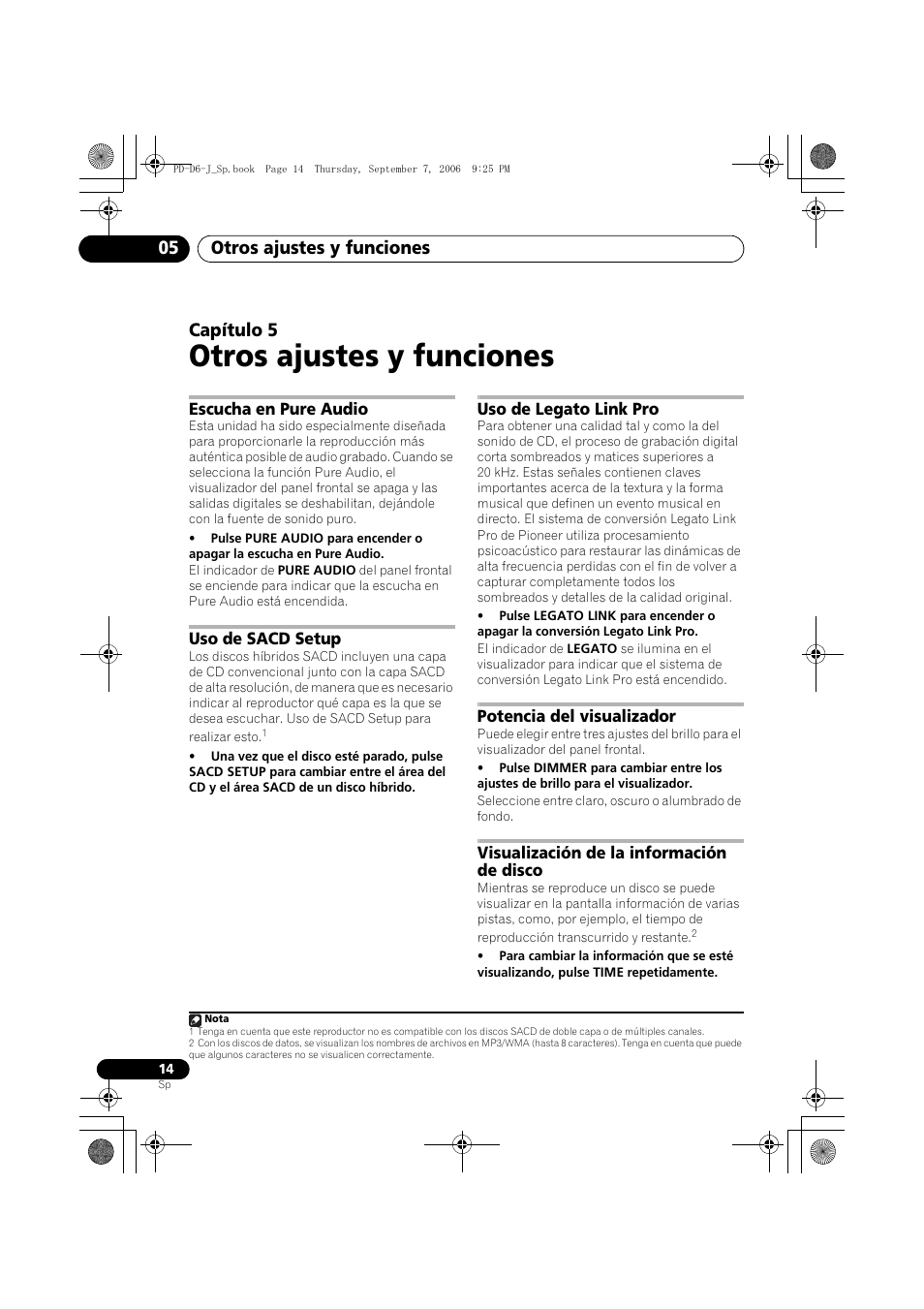 05 otros ajustes y funciones, Escucha en pure audio, Uso de sacd setup | Uso de legato link pro, Potencia del visualizador, Visualización de la información de disco, Otros ajustes y funciones, Otros ajustes y funciones 05, Capítulo 5 | Pioneer PD-D6-J User Manual | Page 104 / 110