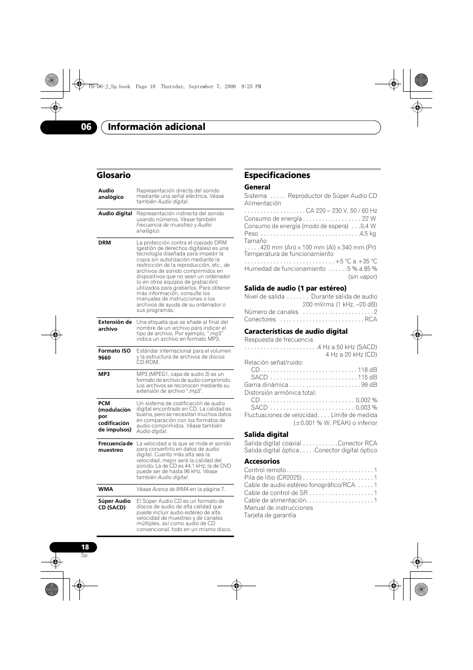 Glosario, Especificaciones, Información adicional 06 | Glosario especificaciones | Pioneer PD-D6-J User Manual | Page 108 / 110