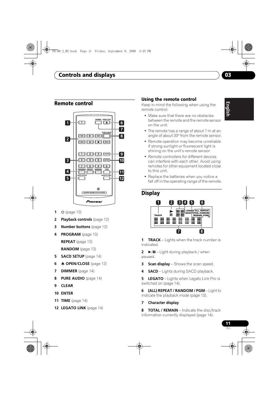 Remote control, Display, Controls and displays 03 | Pioneer PD-D6-J User Manual | Page 11 / 110