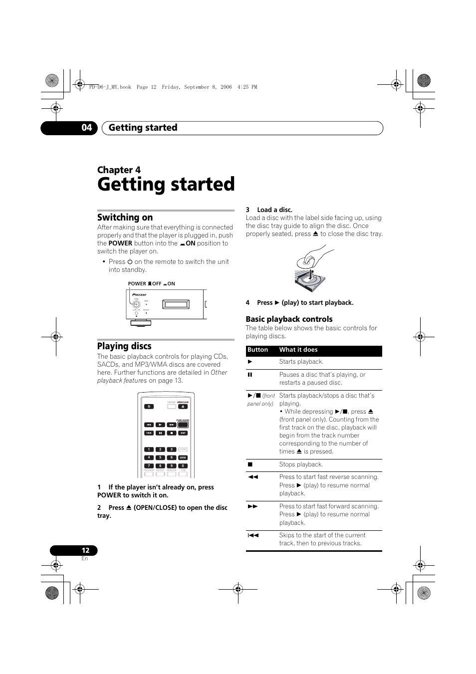 04 getting started, Switching on, Playing discs | Getting started, Getting started 04, Chapter 4, Basic playback controls | Pioneer PD-D6-J User Manual | Page 12 / 110