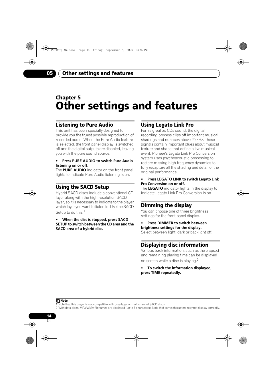 05 other settings and features, Listening to pure audio, Using the sacd setup | Using legato link pro, Dimming the display, Displaying disc information, Other settings and features, Other settings and features 05, Chapter 5 | Pioneer PD-D6-J User Manual | Page 14 / 110