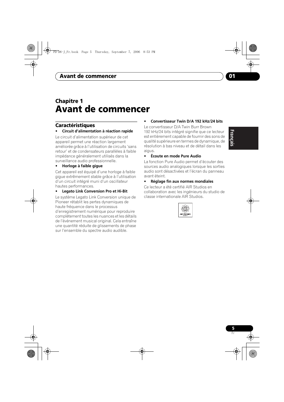 01 avant de commencer, Caractéristiques, Avant de commencer | Avant de commencer 01, Chapitre 1 | Pioneer PD-D6-J User Manual | Page 23 / 110