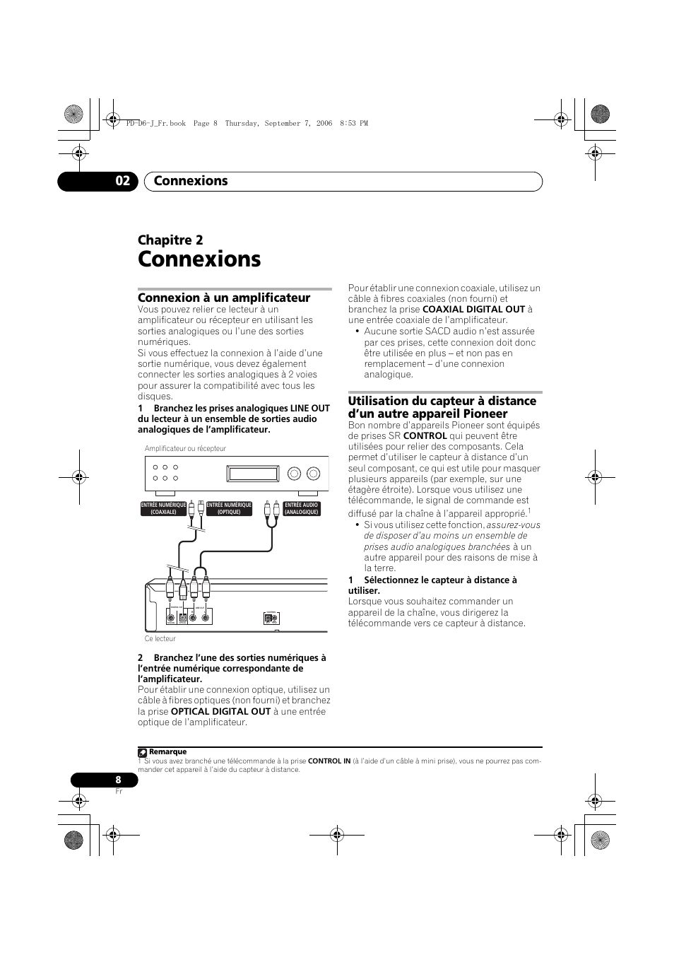 02 connexions, Connexion à un amplificateur, Connexions | Connexions 02, Chapitre 2 | Pioneer PD-D6-J User Manual | Page 26 / 110